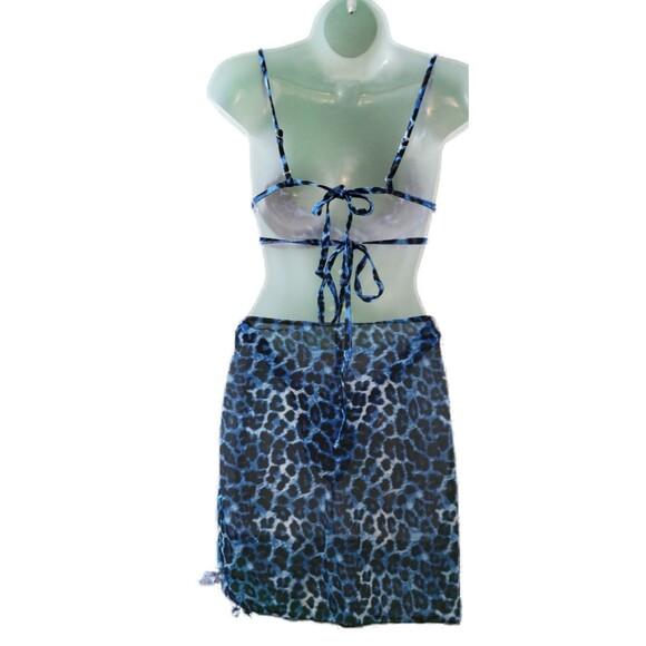 Brazilian Cut Blue Leopard Triangle Bikini With Mesh Skirt Sz M - Picture 4 of 6